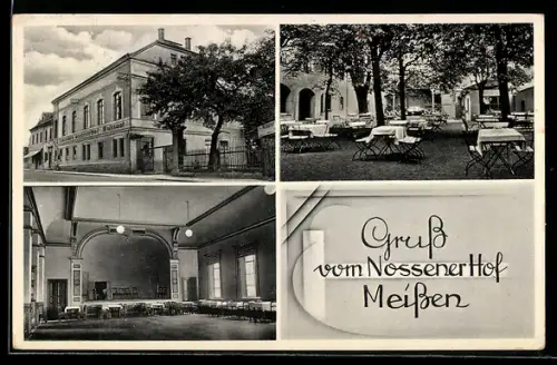 AK Meissen, Gasthaus Nossener Hof v. O. Bohmann mit Gartenlokal, Aussen- u. Innenansichten