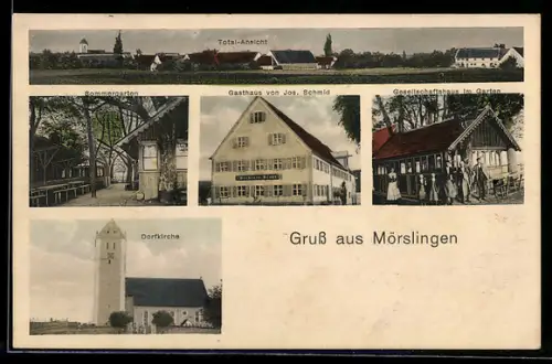 AK Mörslingen, Gasthaus von Jos. Schmid, Gesellschaftshaus im Garten, Dorfkirche