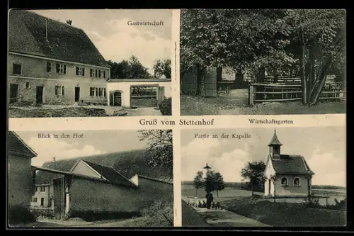 AK Mödingen, Gasthaus Stettenhof, Wirtschaftsgarten, Partie an der Kapelle