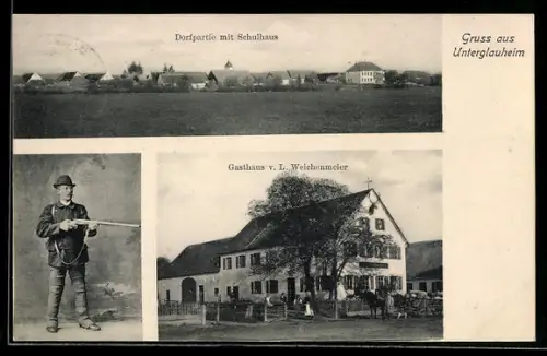 AK Unterglauheim, Gasthaus von L. Weichenmeier, Dorfpartie mit Schulhaus
