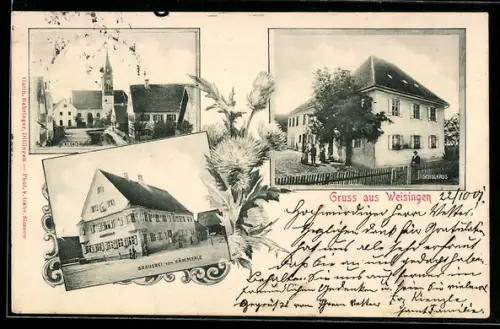 AK Weisingen, Brauerei von Hämmerle, Kirche und Schulhaus