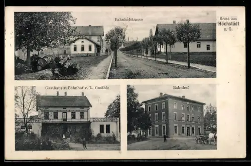 AK Höchstädt a. D., Gasthaus zum Bahnhof v. L. Gmähle, Bahnhof und Bahnhofstrasse