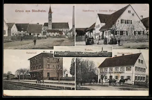 AK Blindheim, Gasthof zum Bahnhof, Bahnhof, Handlung von J. Huber
