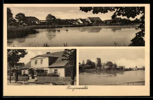 AK Ringenwalde, Kaufmann W. Freund, Dorfteich mit Kirche, Totalansicht