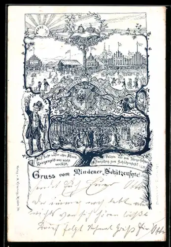 Künstler-AK Minden, Gruss vom Mindener Schützenfest, Festplatz und Wappen