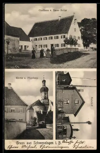 AK Schwenningen i. B., Gasthaus v. Xaver Reiter, Bahnhof, Kirche und Pfarrhaus