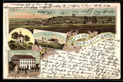 Lithographie Aislingen, Sebastianskapelle, Das alte Schloss, Schulhaus und Post, Totalansicht