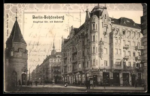 AK Berlin-Schöneberg, Siegfried Strasse mit Bahnhof