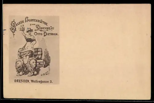 Künstler-AK Dresden, Saazer Hopfenblüte zum Löwenbräu, Bes. Otto Dietrich, Weissegasse 3, sehr frühe AK ca. 1885