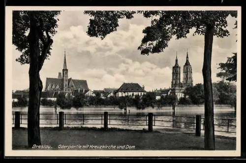 AK Breslau, Oderpartie mit Kreuzkirche und Dom