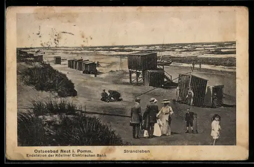 AK Nest i. Pomm., Strand mit Strandkörben und Urlaubern