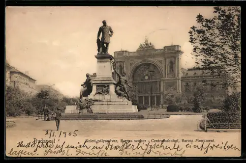 AK Budapest, Zentralbahnhof, Baross Monument