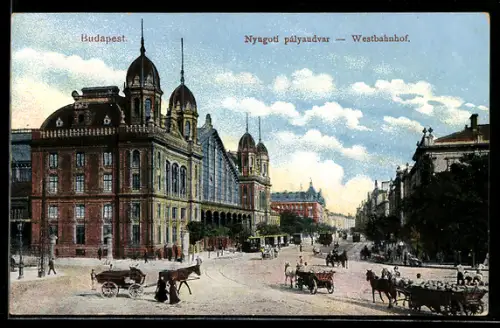 AK Budapest, Partie am Westbahnhof, Strassenbahn