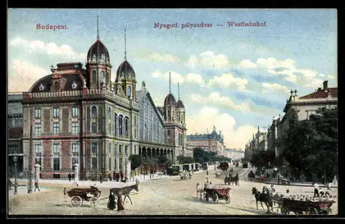 AK Budapest, Strassenpartie am Westbahnhof, Nyugoti pályaudvar