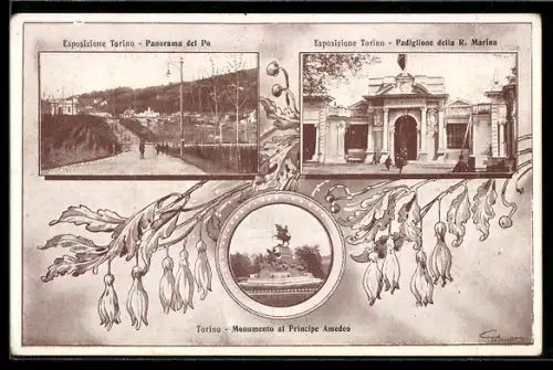 AK Torino, Esposizione, Panorama del Po, Padiglione della R. Marina, Ausstellung
