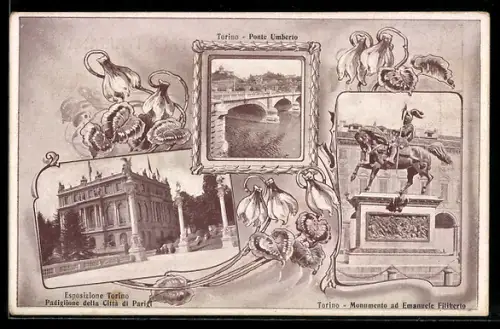 AK Torino, Esposizione, Monumente ad Emanuele Filiberto, Ponte Umberto, Ausstellung