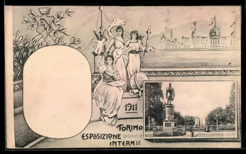 AK Torino, Esposizione Internazionale 1911, Ortspartie mit Statue, Ausstellung