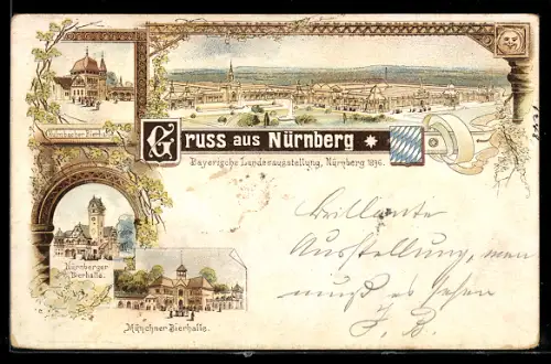 Lithographie Nürnberg, Landes-Ausstellung 1896, Weinhaus, Nürnberger, Münchener Bierhallen