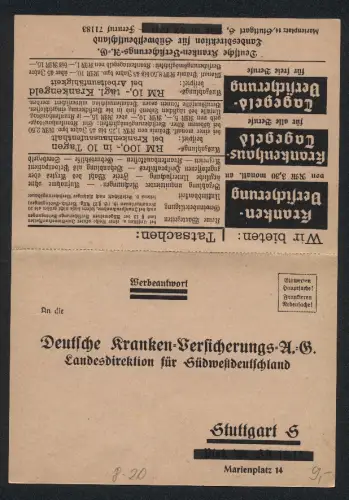 Klapp-AK Stuttgart, Korrespondenzkarte der Deutschen Krankenversicherungs-A.G.