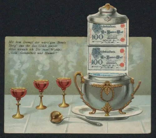AK Service mit 3 Gläsern, Kelle und 100-Mark Reichsbanknote in der Kanne