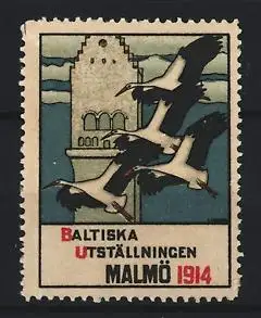 Reklamemarke Malmö, Baltiska Utställningen 1914, fliegende Störche