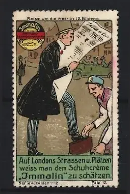 Reklamemarke London, Immalin Schuhcreme, Zeitung lesender Gentleman