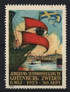 Reklamemarke Gotenburg, Jubileums Tentoonstelling, 1923, Schiff mit rotem Segel im Hafen