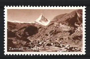 Reklamemarke Zermatt, Suisse, Panorama mit Matterhorn im Hintergrund