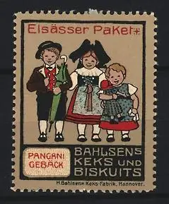 Reklamemarke Hannover, Bahlsen Kekse Elsässer Paket, Kinder in Tracht