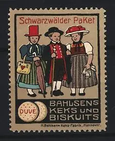 Reklamemarke Hannover, Schwarzwälder Paket Bahlsens Keks und Biskuits, Trachtenfiguren