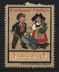 Reklamemarke Hannover, Bahlsen Kekse Elsässer Paket, Familie mit Schubkarre