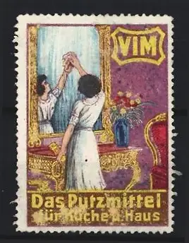 Reklamemarke VIM Das Putzmittel für Küche & Haus, Frau beim Putzen eines Spiegels