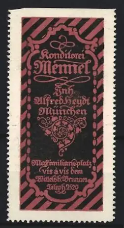 Reklamemarke München, Konditorei Mennel, Maximiliansplatz, Ornamentdesign