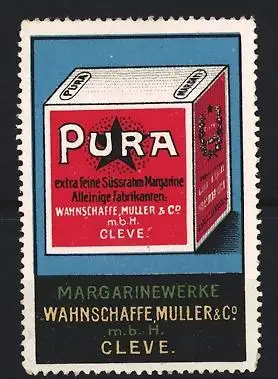 Reklamemarke Cleve, Pura Margarine Wahnschaffe Muller & Co., Pura Margarine, Würfelpackung