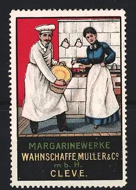 Reklamemarke Cleve, Margarinewerke Wahnschaffe Müller & Co., Bäcker und Köchin in Küche
