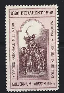 Reklamemarke Budapest, 1896 Millennium-Ausstellung, triumphierende Krieger