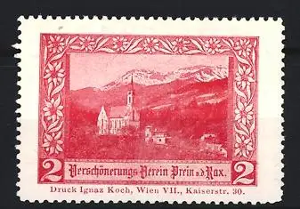 Reklamemarke Prein an der Rax, Verschönerungs-Verein, Kirche und Berglandschaft