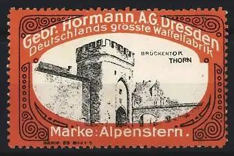Reklamemarke Dresden, Gebr. Hörmann AG Deutschlands grösste Waffelfabrik, Brückentor Thorn