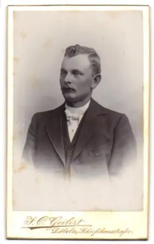 Fotografie H. O. Geilert, Döbeln, Portrait Herr mit Oberlippenbart in Anzug Fliege