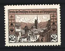 Reklamemarke Bosnien und Herzegowina, Verein der Deutschen, Stadtszene mit Menschen
