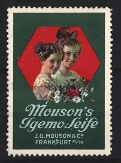 Reklamemarke Frankfurt a. M., Mouson`s Igemo-Seife, Frauen mit Blumenstrauss