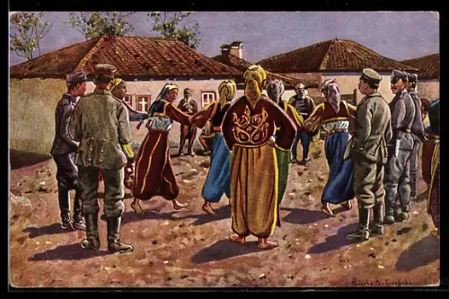 Künstler-AK Strassenbild mit Türkischem Kolo-Tanz und Soldaten