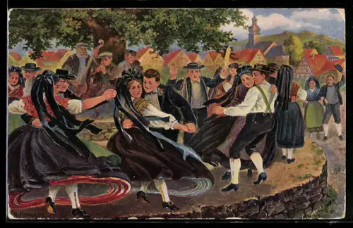 Künstler-AK Thüringen, Kirmse, Tanzende Menschen in thüringischer Tracht