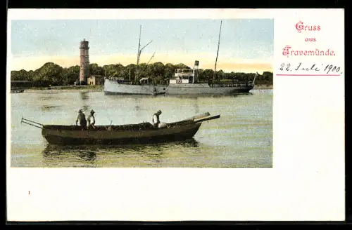 AK Travemünde, Hafenpartie mit Leuchtturm um 1900