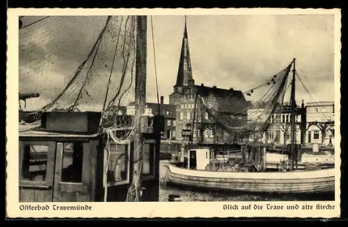 AK Travemünde, Blick auf die Trave und die alte Kirche