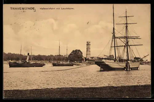 AK Travemünde, Hafeneinfahrt mit Leuchtturm