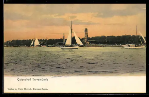 AK Travemünde, Ostseebad, Hafen mit Leuchtturm