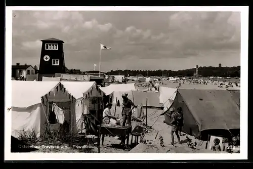 AK Travemünde, Priwall, Zelte am Strand, DRK-Gebäude, Türme