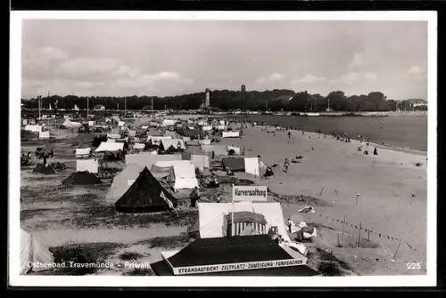 AK Travemünde-Priwall, Strand mit Zeltplatz und Zelt der Kurverwaltung