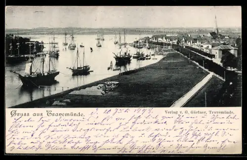 AK Travemünde, Ortsansicht mit Hafen aus der Vogelschau